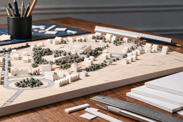 Scale model, foam board sheets and tools on a craft desk, with no people