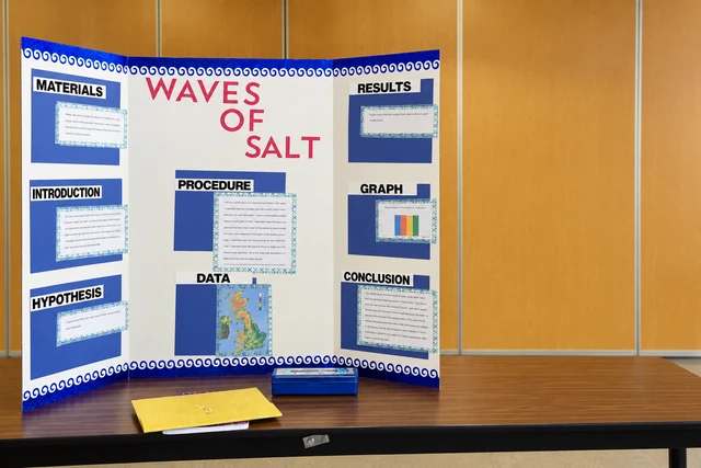 A tri-fold school presentation board on an unoccupied table