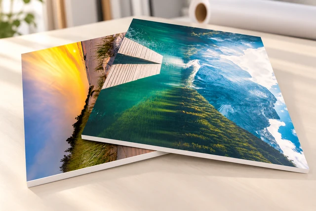 Customer landscape-printed foam board panels arranged on a bright print-studio table