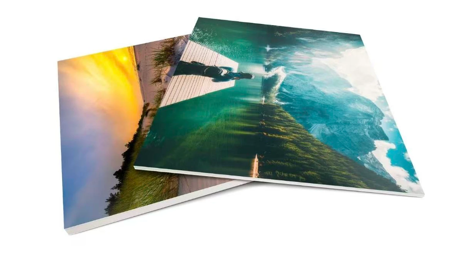 Customer-provided printed foam board panels with landscape artwork.