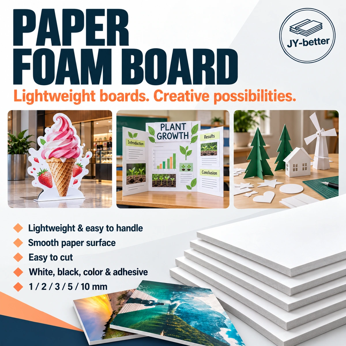 Product poster featuring paper foam boards, examples of printed advertising, school presentations and craft work, and confirmed material features.