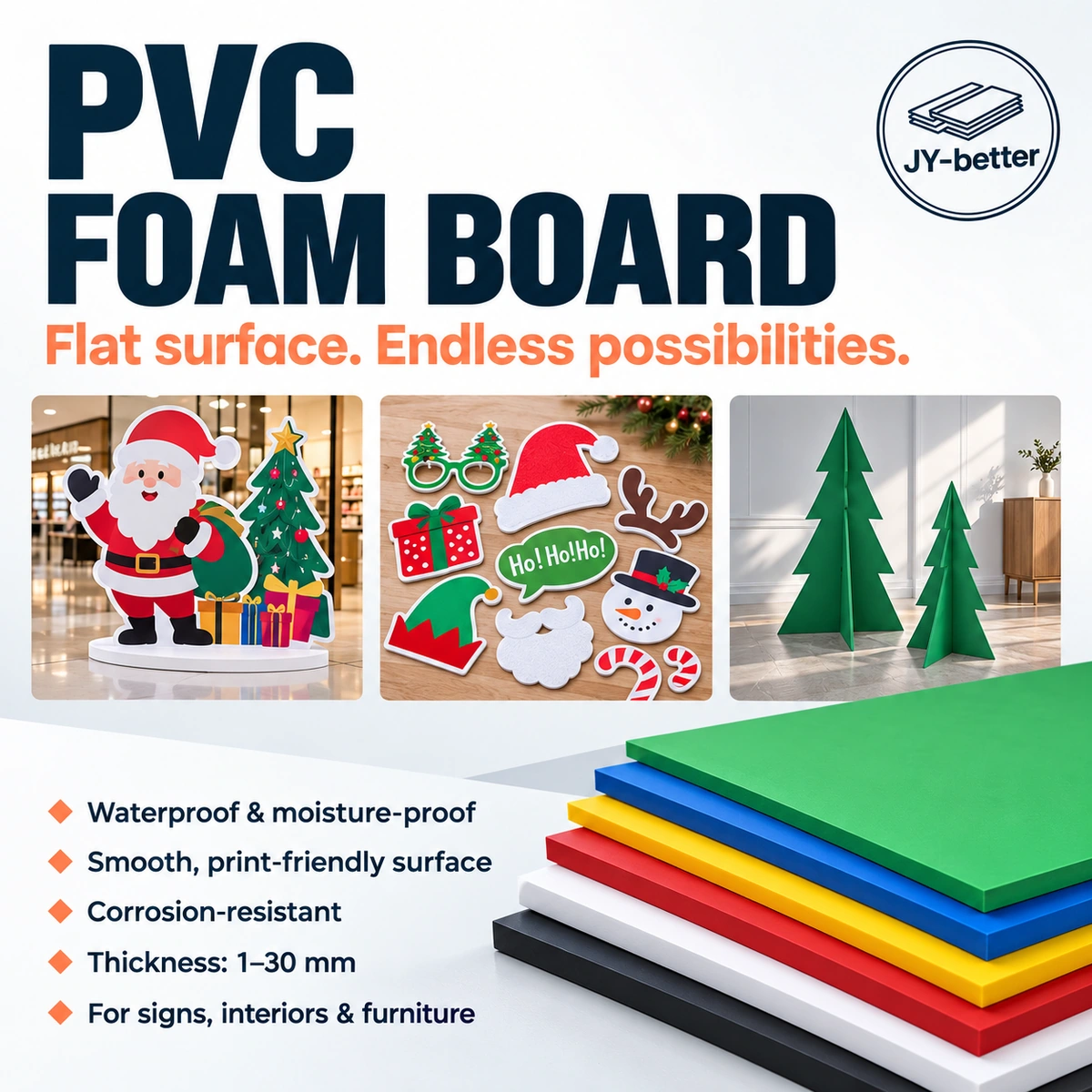 Product poster featuring PVC foam boards, advertising and seasonal display examples, material features and the confirmed 1–30 mm thickness range.